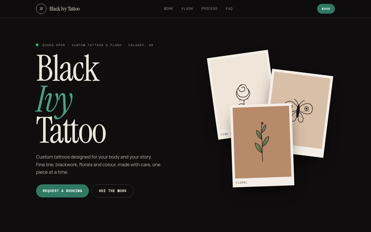Homepage of the Black Ivy Tattoo demo site