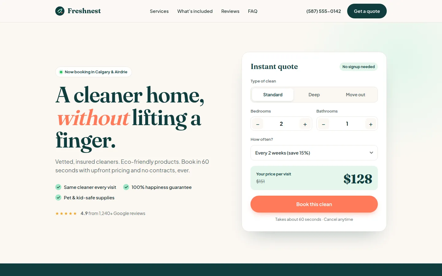 Homepage of the Freshnest Cleaning demo site