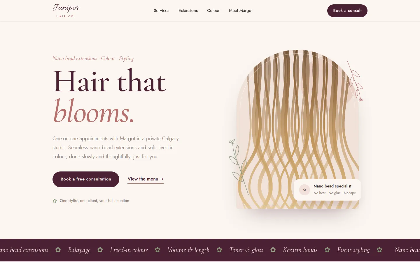 Homepage of the Juniper Hair Co. demo site